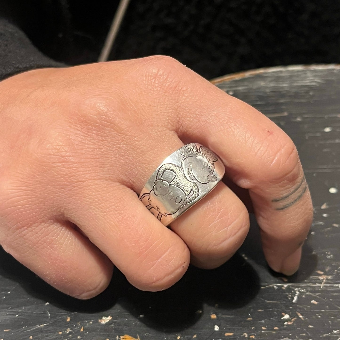 Anello Artigianale MICKEY MOUSE Mod. CLASSICO Realizzato con Antica posata in Argento (Prima Metà del ’900)