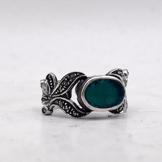 Anello Artigianale SPILLA AGATA VERDE MARCASSITE Mod. SPILLA Realizzato con Antica spilla in Argento (Prima Metà del ’900)