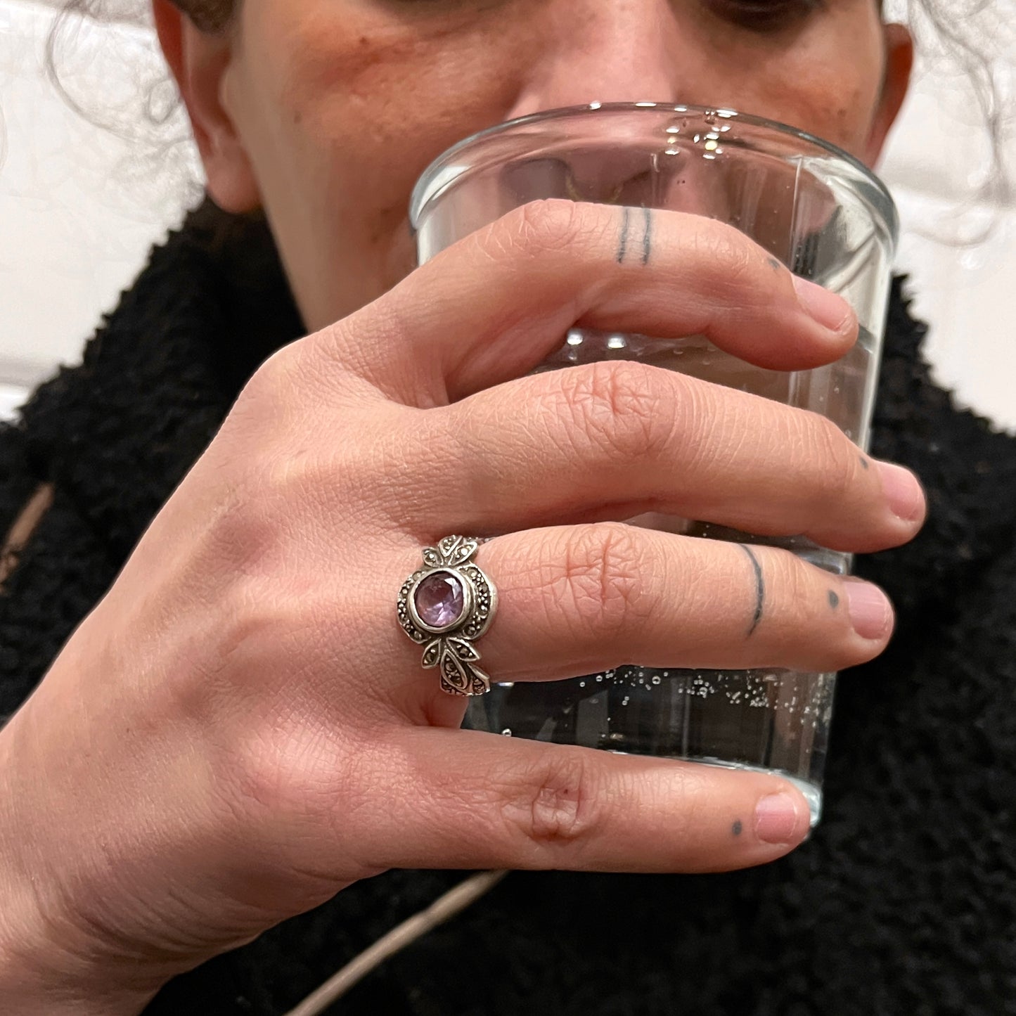 Anello Artigianale SPILLA AMETISTA MARCASSITE Mod. SPILLA Realizzato con Antica spilla in Argento (Prima Metà del ’900)