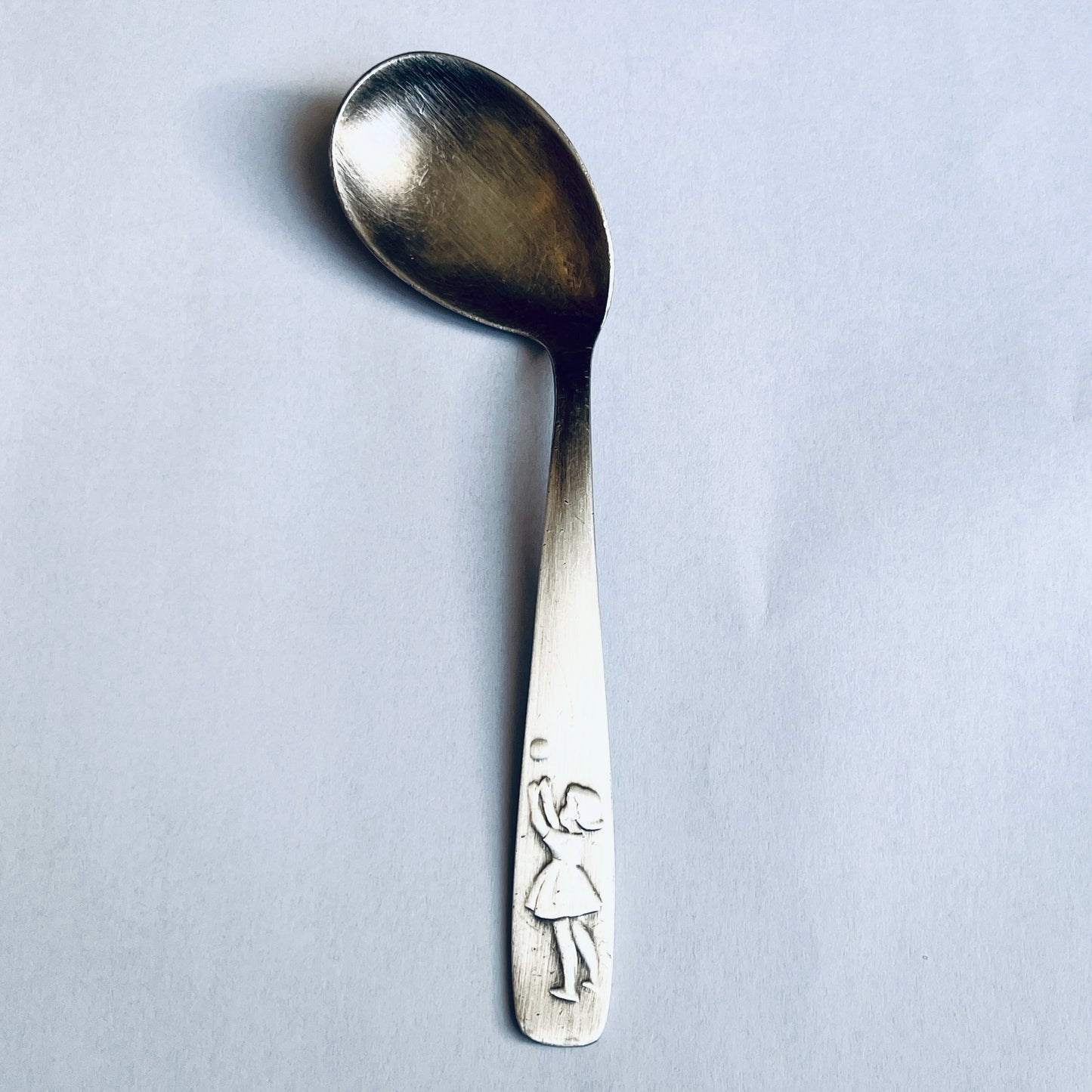 Anello Artigianale BIMBA PALLA Mod. CLASSICO/SPIRALE  CUCCHIAINO PAPPA Realizzato con intero Antico pusher food in Argento (Prima Metà del ’900)