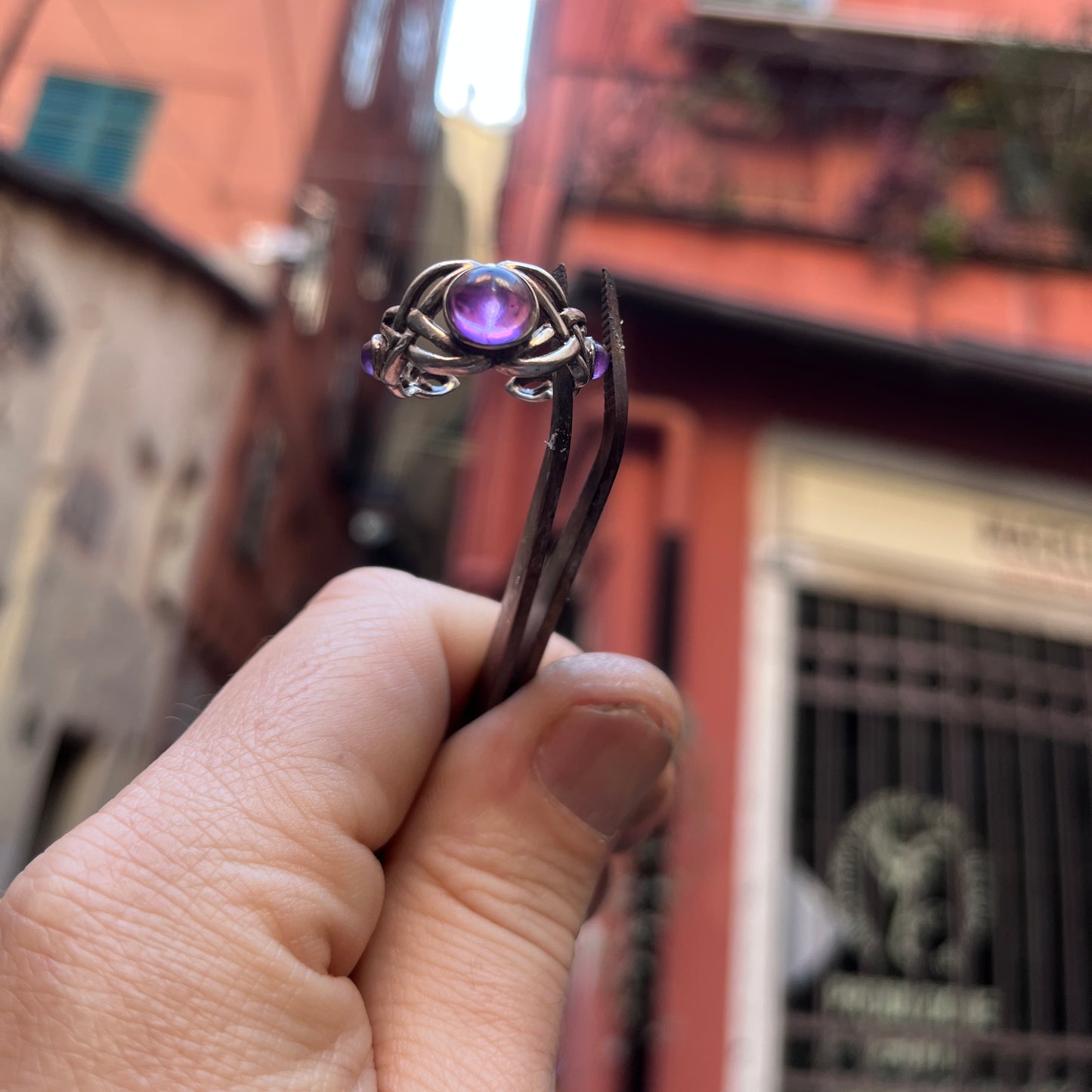Anello Artigianale SPILLA CELTICA AMETISTA Mod. SPILLA Realizzato con Antica spilla in Argento (Prima Metà del ’900)