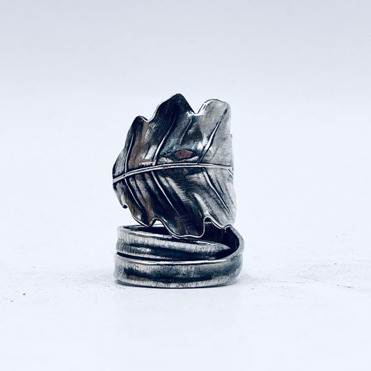Anello Artigianale CANNUCCIA FOGLIA QUERCIA Mod. SPIRALE  Realizzato con Antica posata in Argento (Prima Metà del ’900)