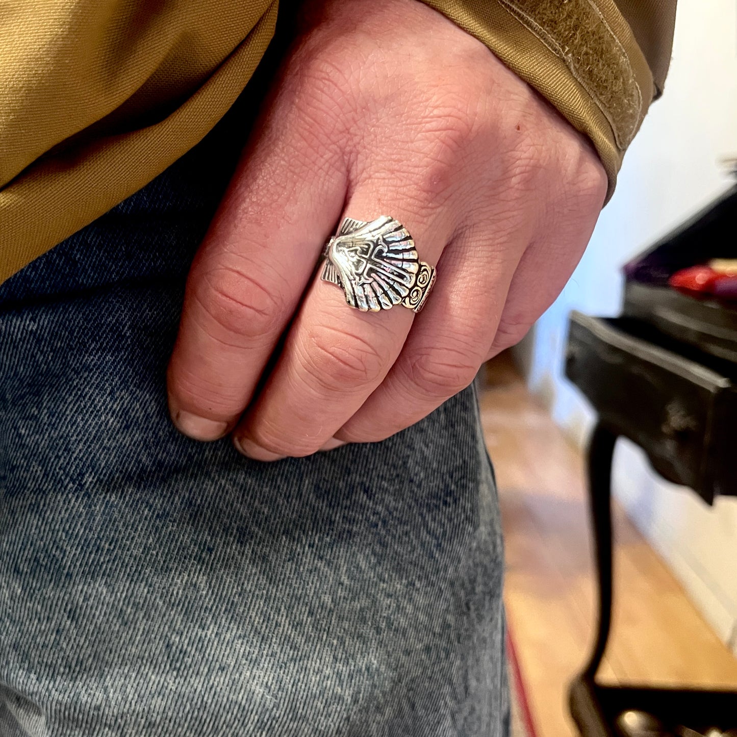 Anello Artigianale + Pendente (omaggio) SANTIAGO Mod. CLASSICO  Realizzato con Antica posata in Argento (Prima Metà del ’900)