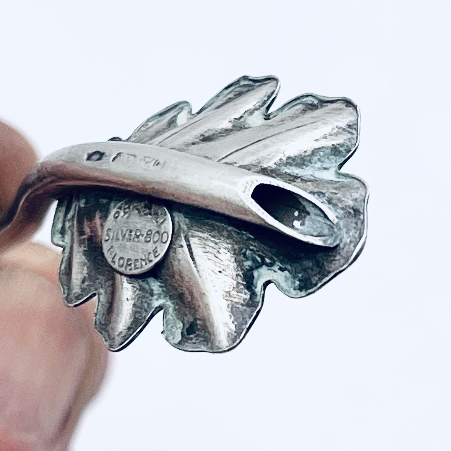 Anello Artigianale CANNUCCIA FOGLIA QUERCIA Mod. SPIRALE  Realizzato con Antica posata in Argento (Prima Metà del ’900)