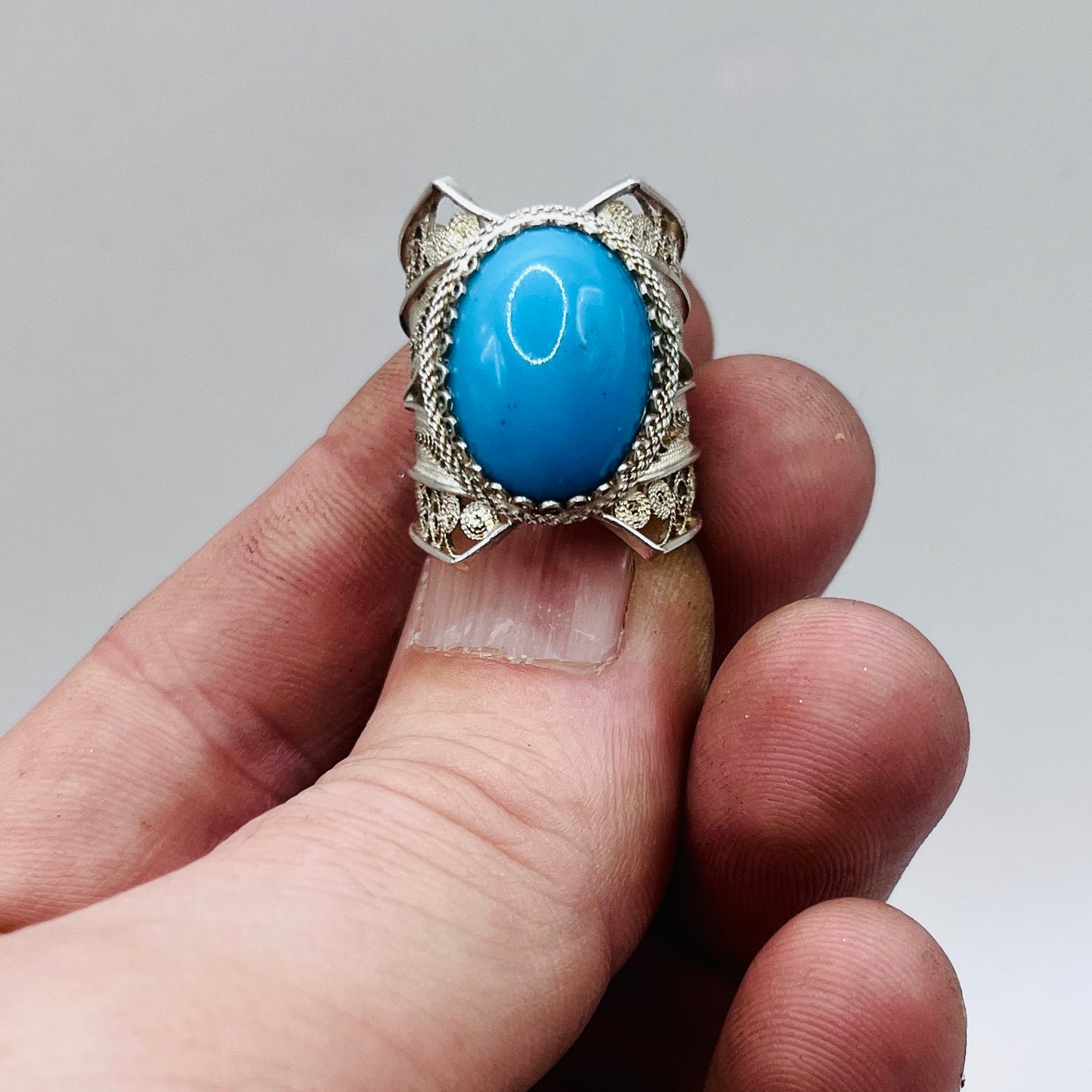 Anello Artigianale SPILLA TURCHESE Mod. SPILLA Realizzato con Antica spilla in Argento (Prima Metà del ’900)