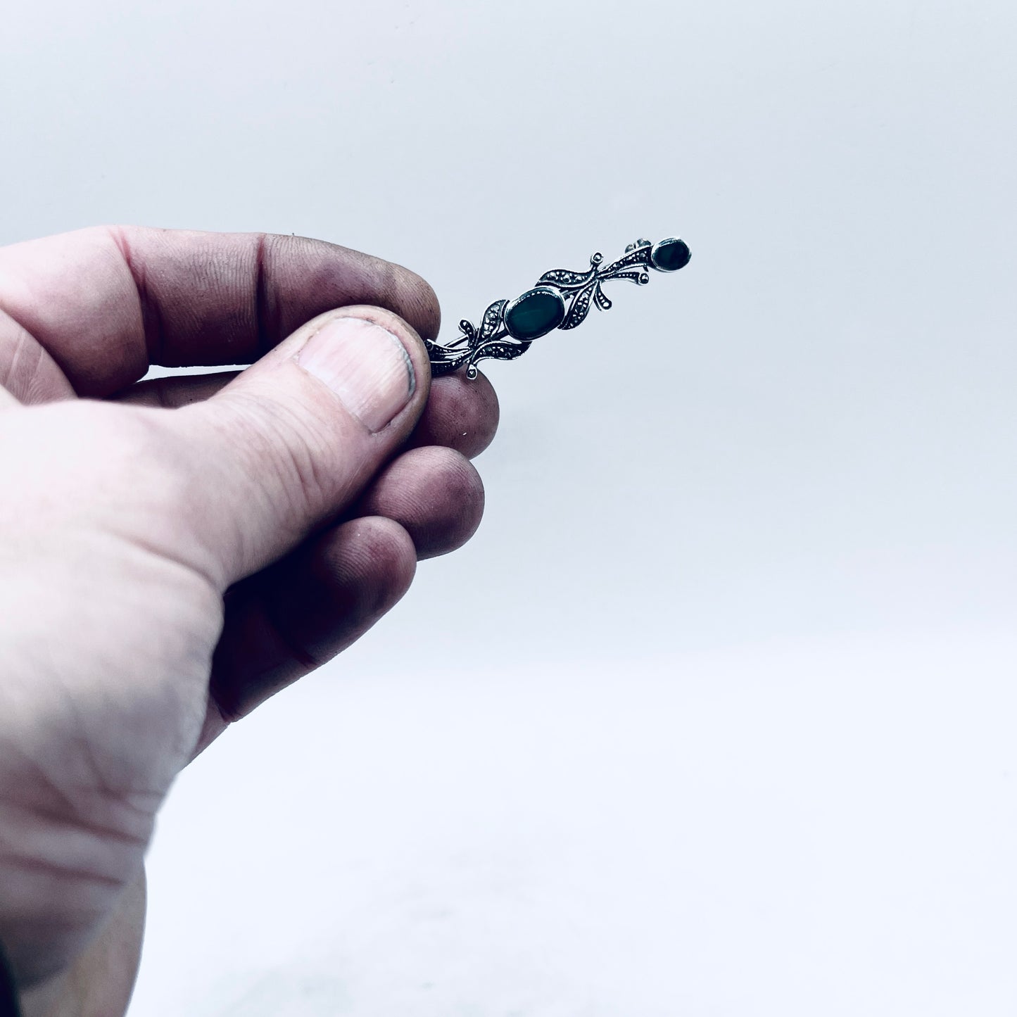 Anello Artigianale SPILLA AGATA VERDE MARCASSITE Mod. SPILLA Realizzato con Antica spilla in Argento (Prima Metà del ’900)