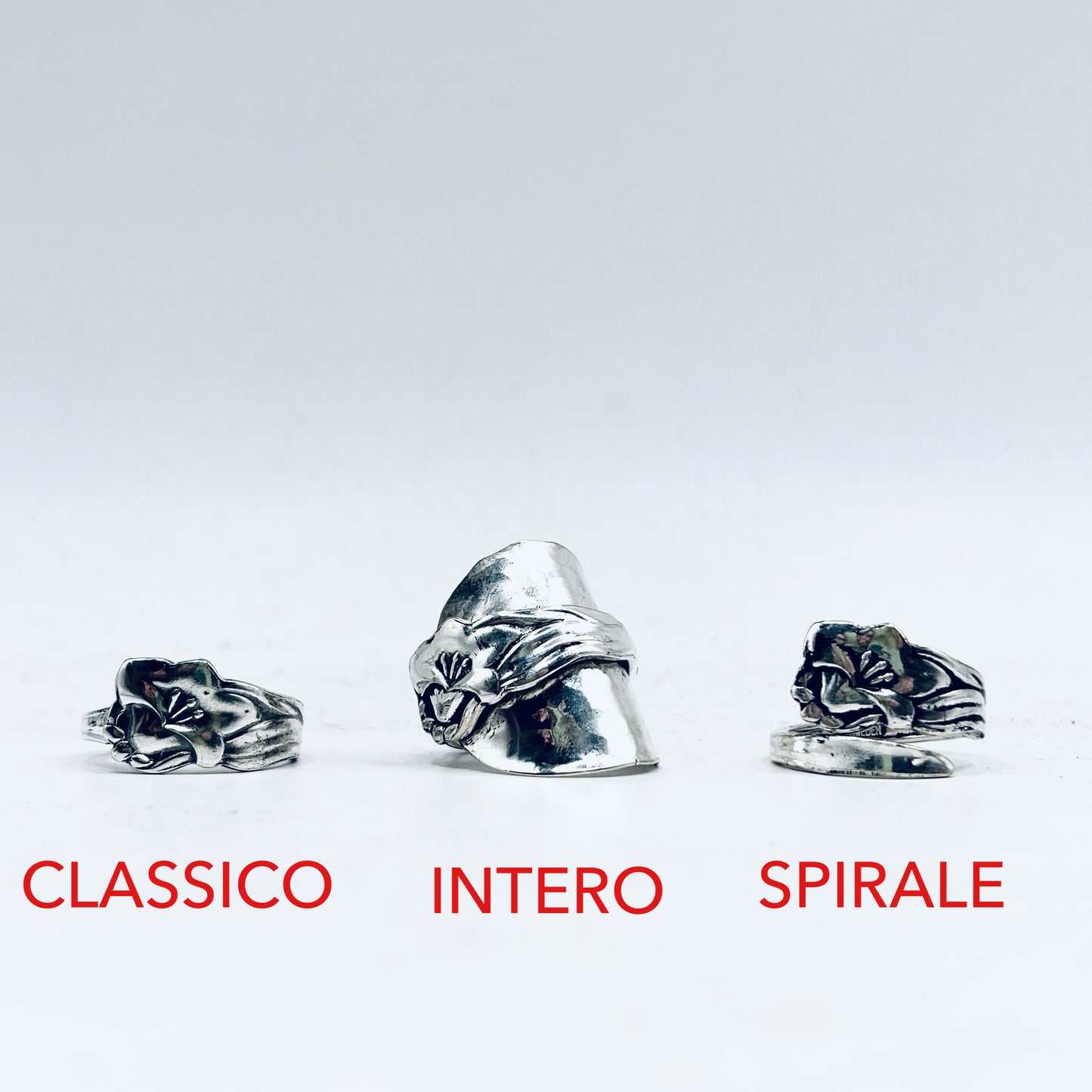 Anello Artigianale Mod. CLASSICO/SPIRALE/INTERO  “IRIS-GIGLIO”  Realizzato con Antica posata in Argento (Prima Metà del ’900)