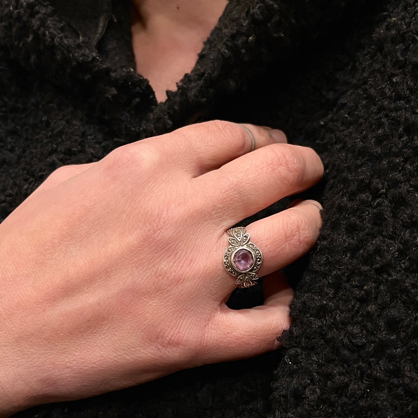Anello Artigianale SPILLA AMETISTA MARCASSITE Mod. SPILLA Realizzato con Antica spilla in Argento (Prima Metà del ’900)