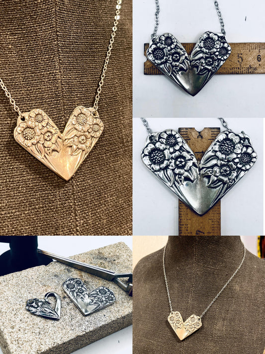 Pendente Artigianale Mod. CUORE SALDATO GIRASOLI Realizzato con Antica Posata in Argento (Prima Metà del ’900)