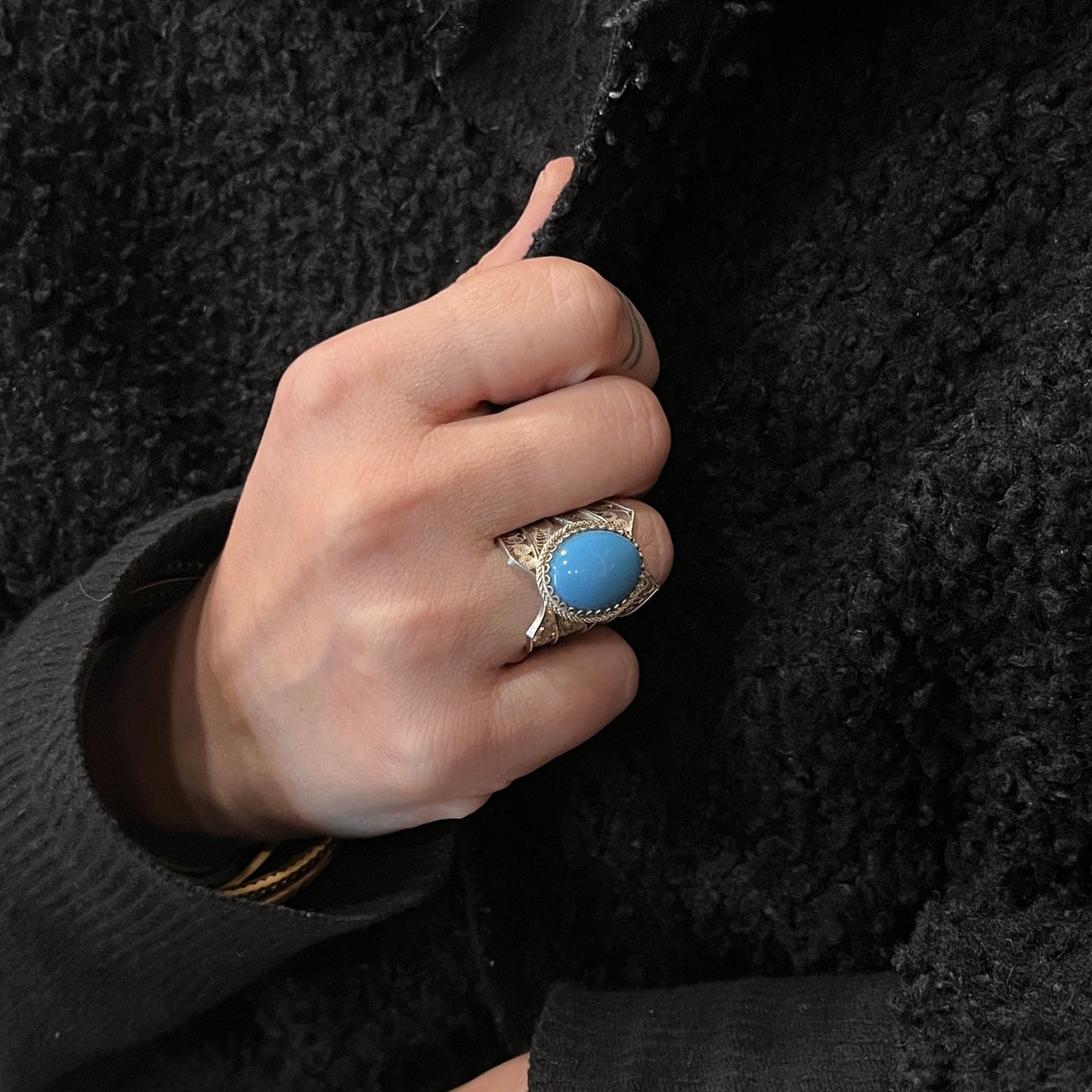 Anello Artigianale SPILLA TURCHESE Mod. SPILLA Realizzato con Antica spilla in Argento (Prima Metà del ’900)