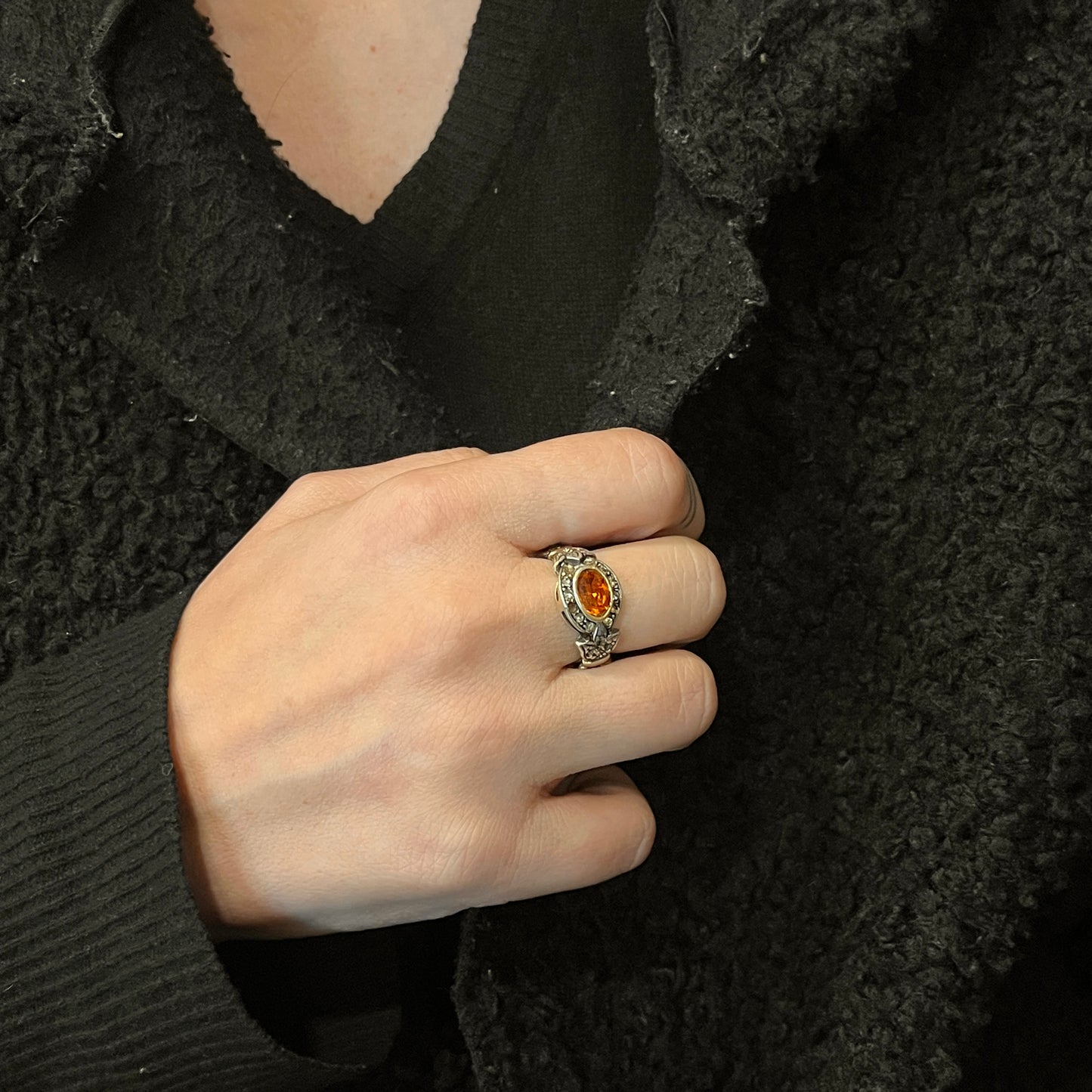 Anello Artigianale SPILLA QUARZO CITRINO Mod. SPILLA Realizzato con Antica spilla in Argento (Prima Metà del ’900)