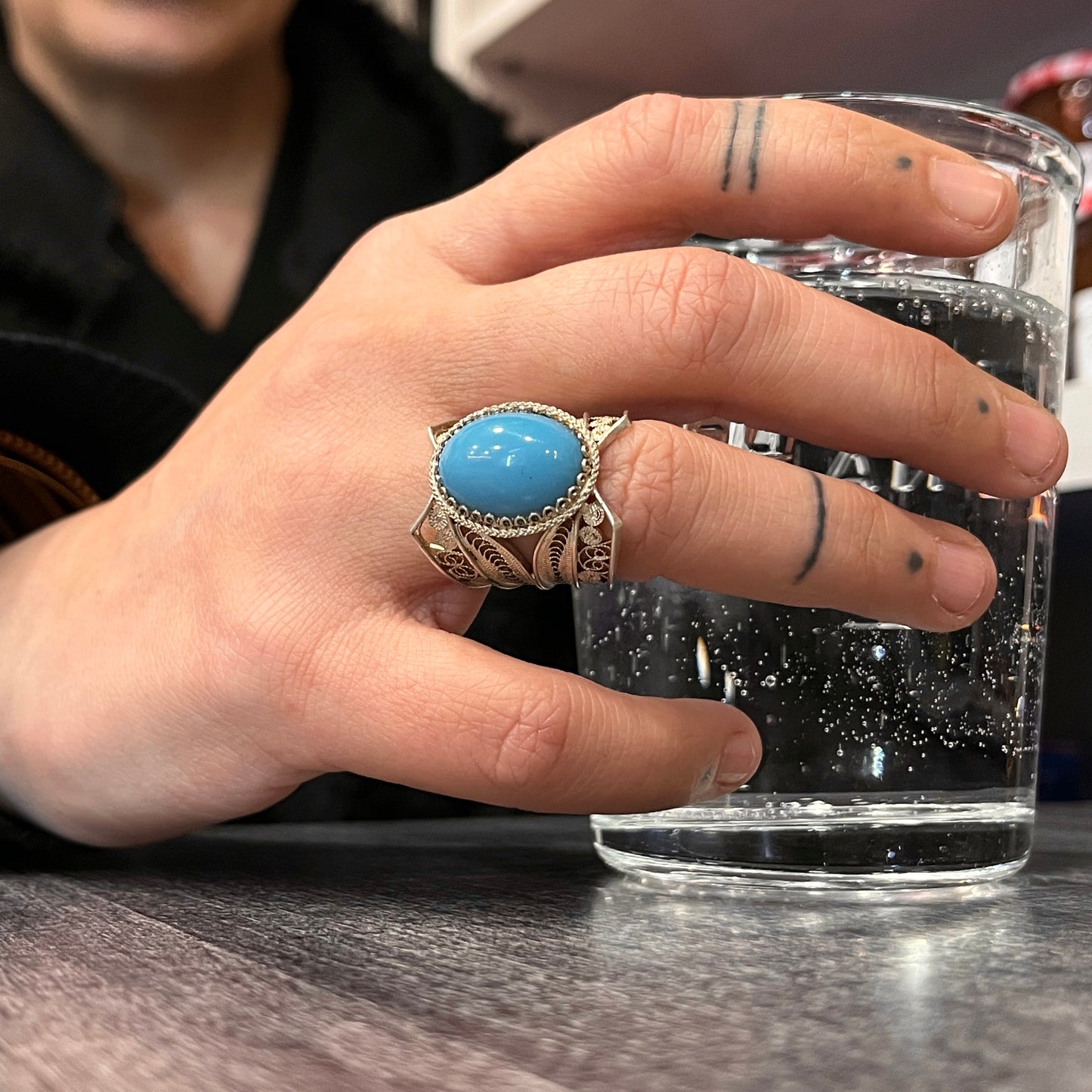 Anello Artigianale SPILLA TURCHESE Mod. SPILLA Realizzato con Antica spilla in Argento (Prima Metà del ’900)