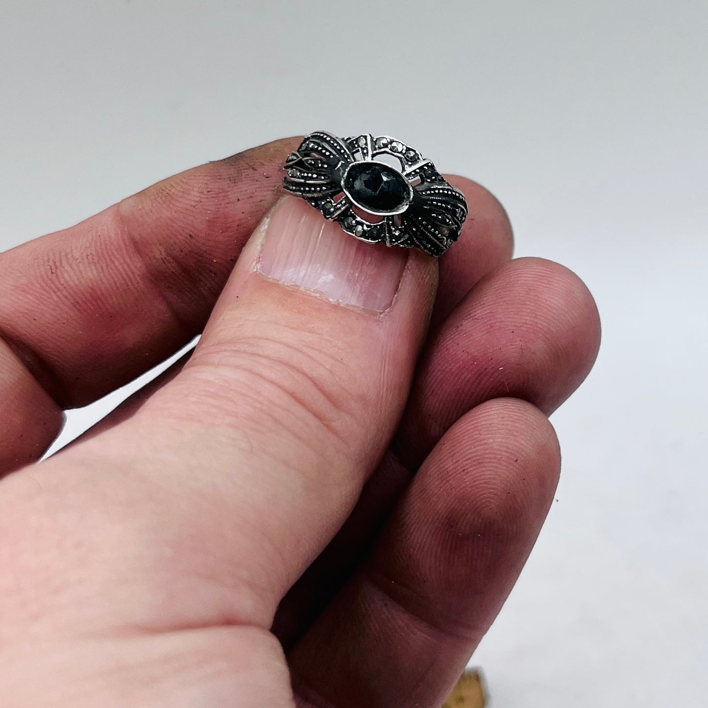 Anello Artigianale SPILLA ONICE MARCASSITE Mod. SPILLA Realizzato con Antica spilla in Argento (Prima Metà del ’900)