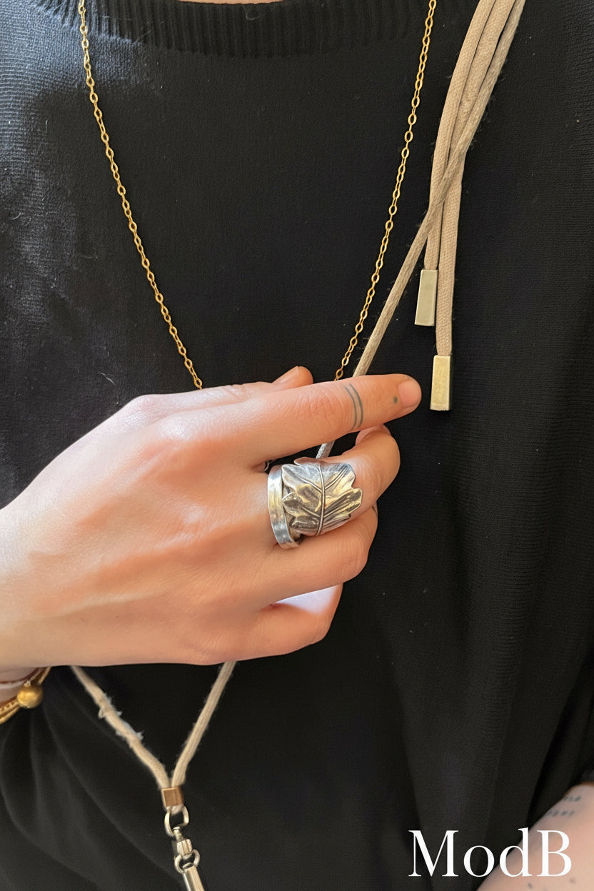 Anello Artigianale CANNUCCIA FOGLIA QUERCIA Mod. SPIRALE  Realizzato con Antica posata in Argento (Prima Metà del ’900)