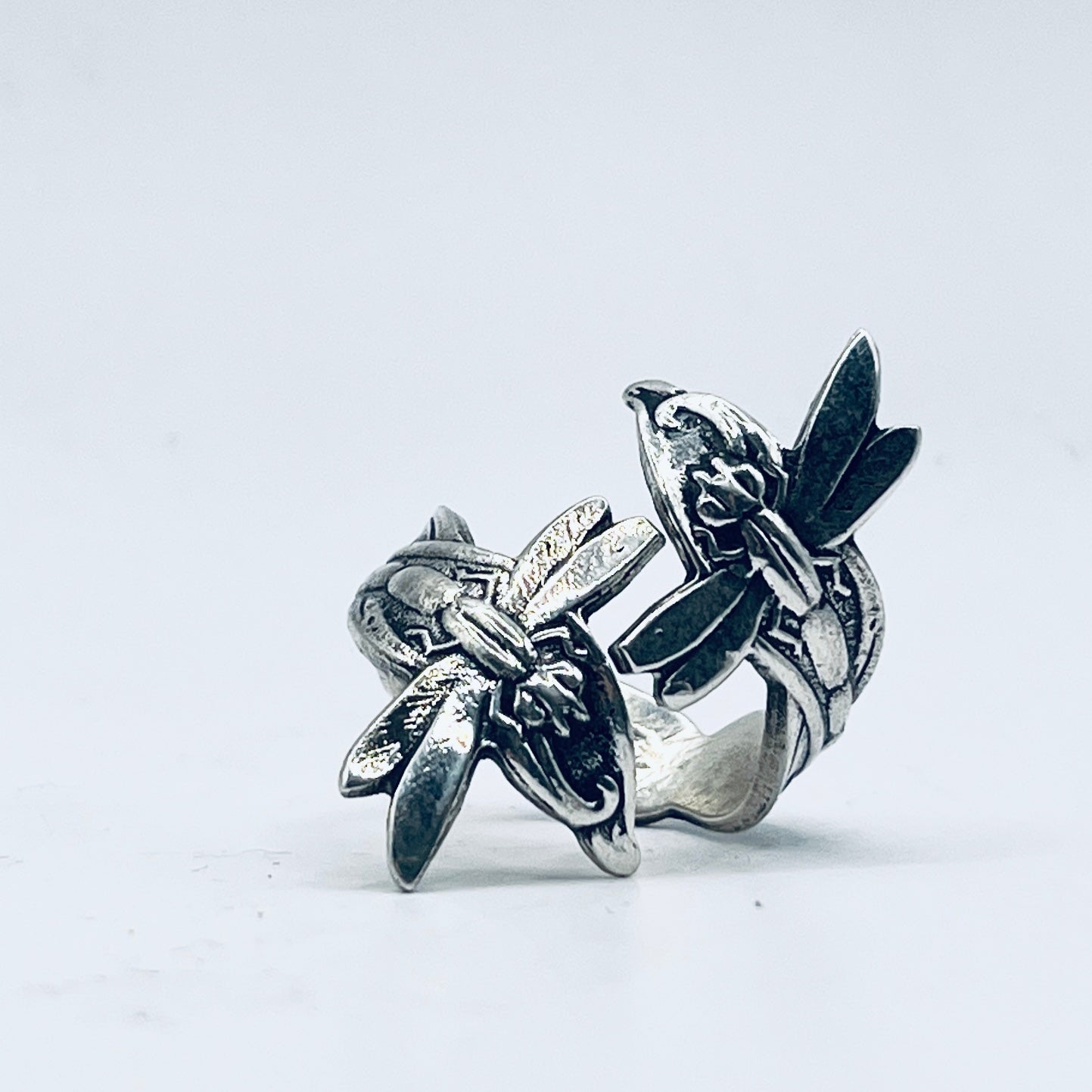 Anello Artigianale DUE LIBELLULE Mod. SPIRALE  Realizzato con Antica posata in Argento (Prima Metà del ’900)