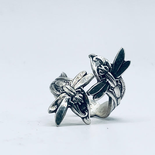 Anello Artigianale DUE LIBELLULE Mod. SPIRALE  Realizzato con Antica posata in Argento (Prima Metà del ’900)