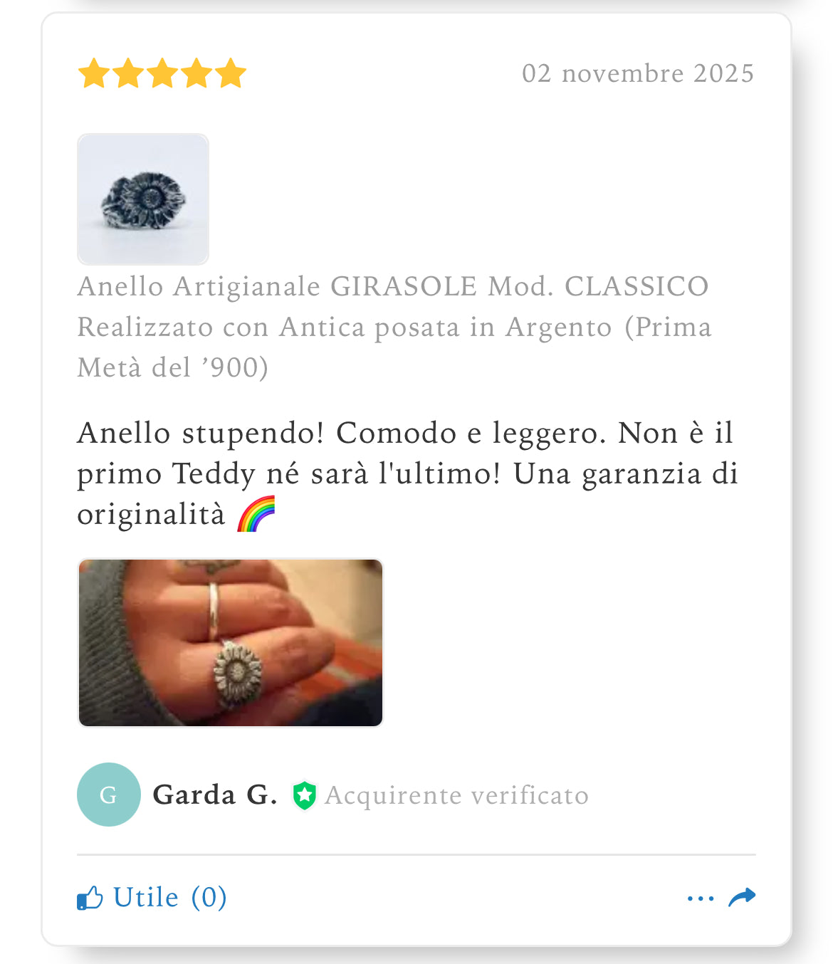 Anello Artigianale GIRASOLE Mod. CLASSICO  Realizzato con Antica posata in Argento (Prima Metà del ’900)