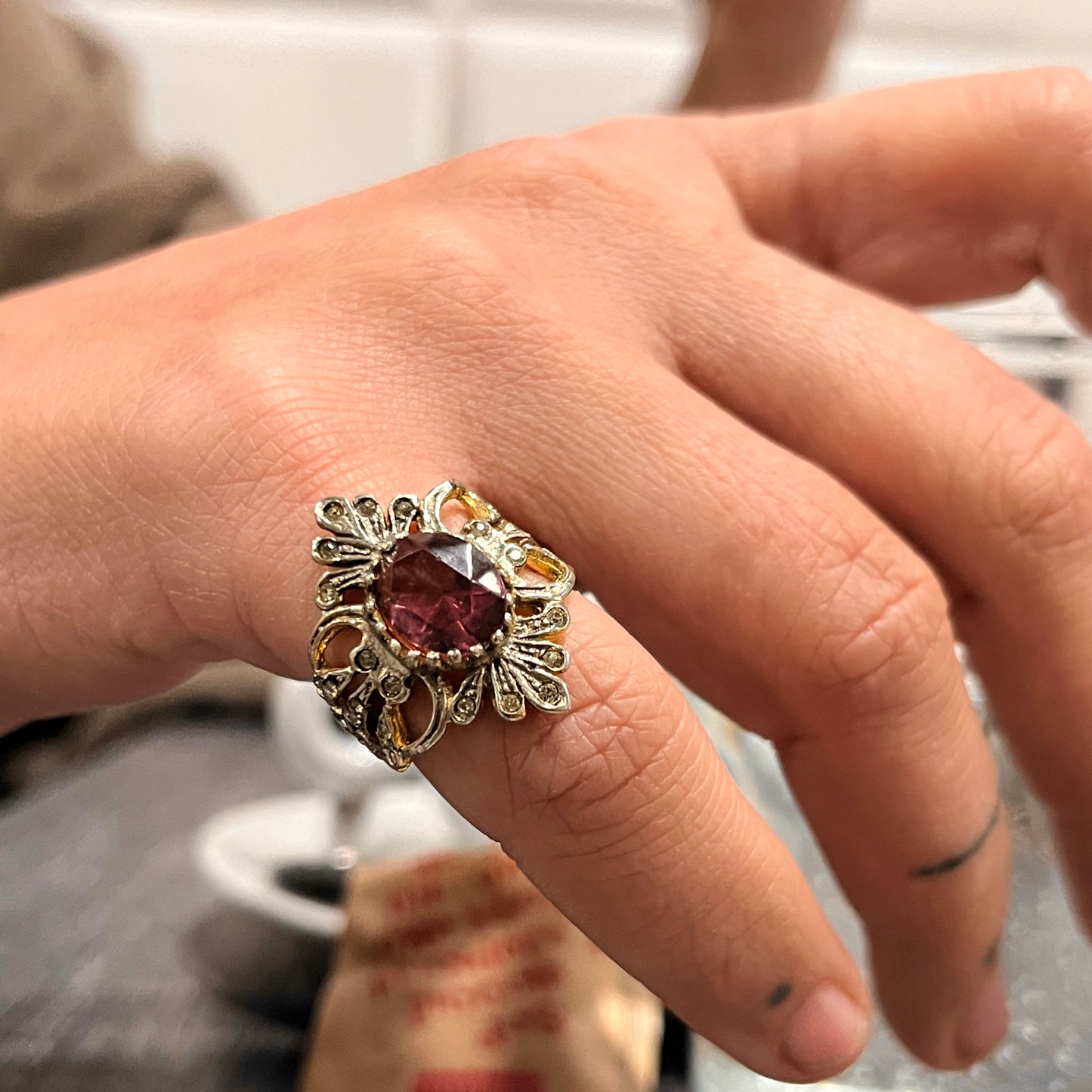 Anello Artigianale SPILLA AMETISTA Mod. SPILLA Realizzato con Antica spilla in Argento (Prima Metà del ’900)
