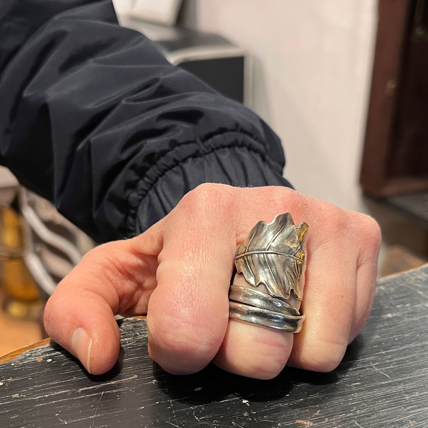 Anello Artigianale CANNUCCIA FOGLIA QUERCIA Mod. SPIRALE  Realizzato con Antica posata in Argento (Prima Metà del ’900)