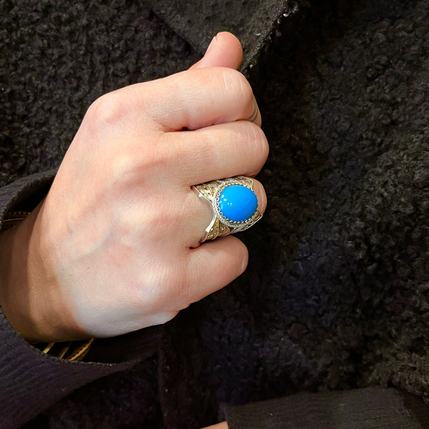 Anello Artigianale SPILLA TURCHESE Mod. SPILLA Realizzato con Antica spilla in Argento (Prima Metà del ’900)