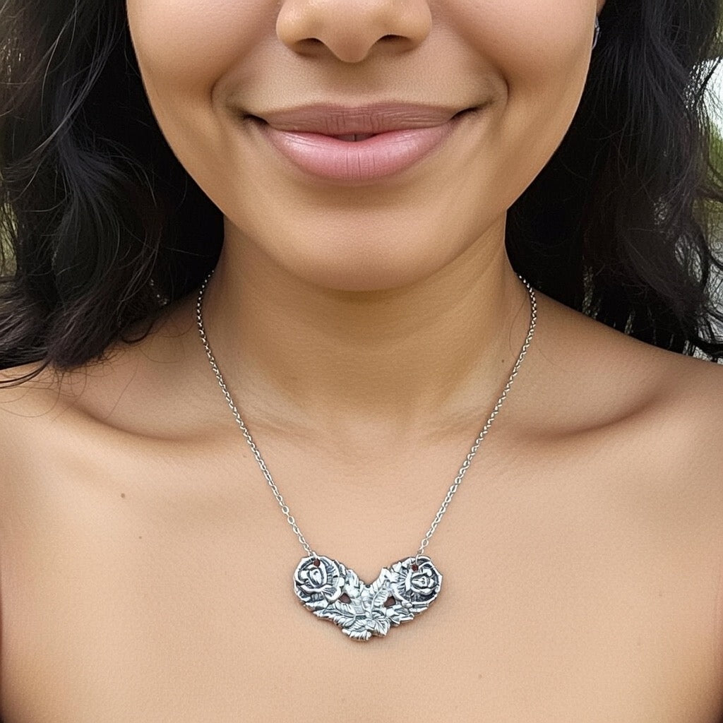 Pendente Artigianale Mod. CUORE SALDATO ROSA Realizzato con Antica Posata in Argento (Prima Metà del ’900)