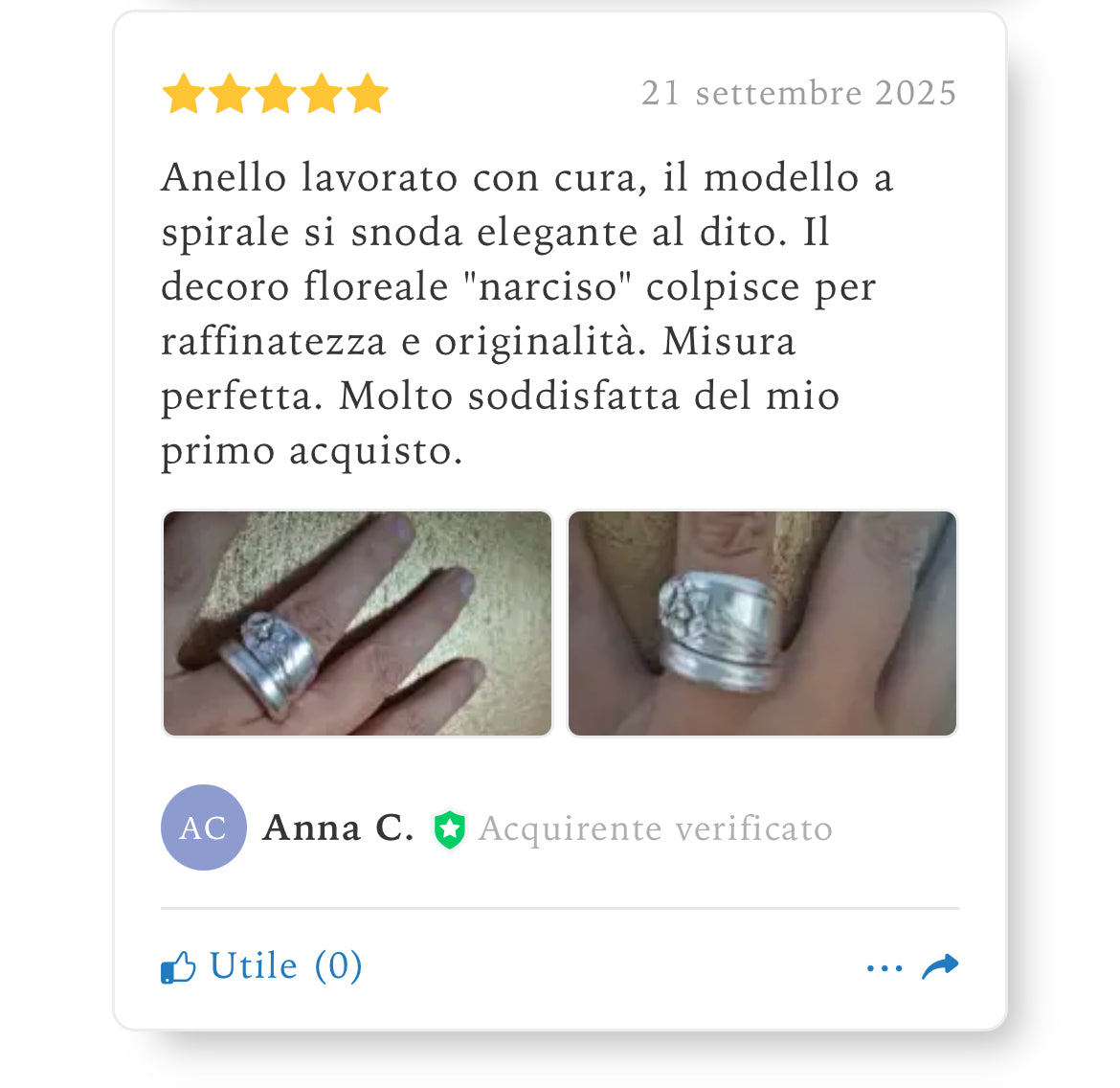 Anello Artigianale NARCISO Mod. CLASSICO/SPIRALE  Realizzato con Antica posata in Argento (Prima Metà del ’900)